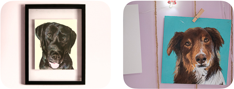 A framed painting next to an unframed one